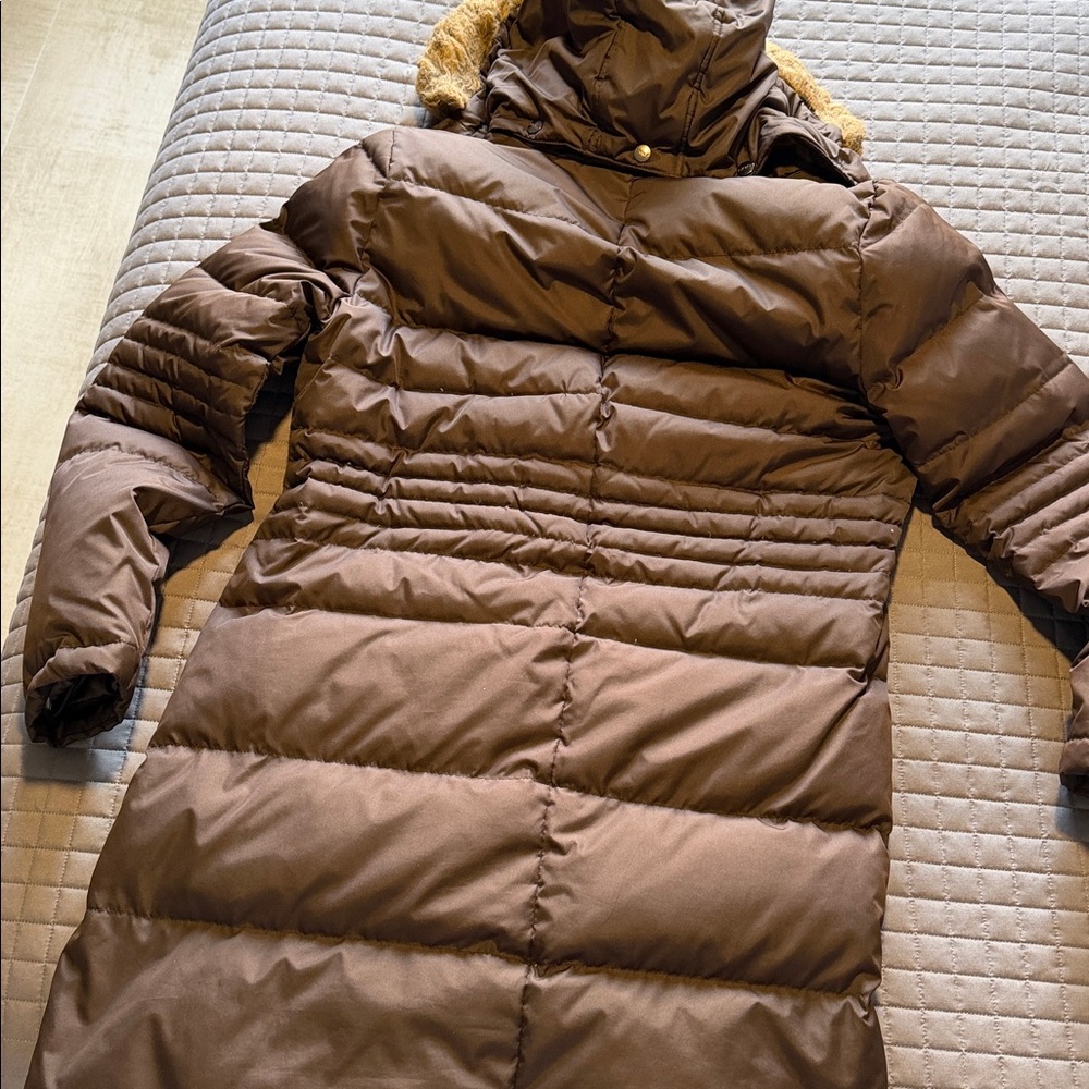 DKNY Puffer Mid-Length Coat Chocolate Brown Faux Fur Trim Removable Hoodie Sz L